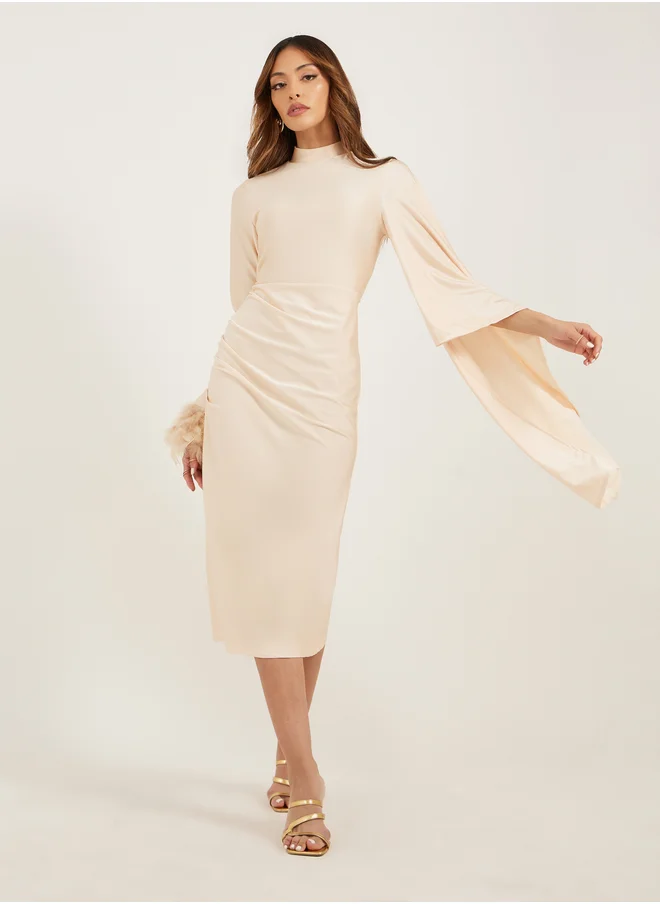 Styli Faux Feather Trim One Cape Bodycon Midi Dress