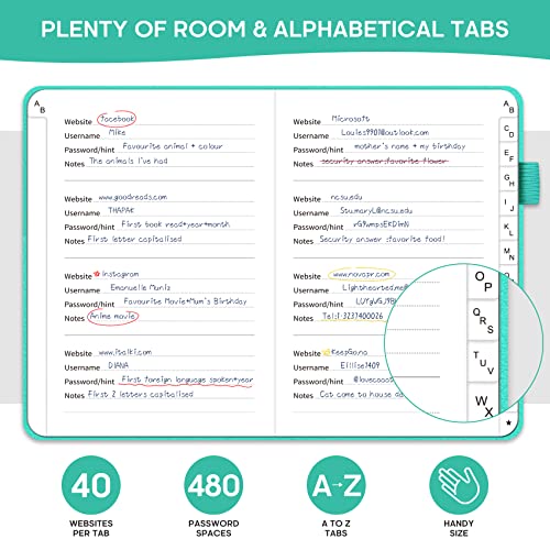 Taja Password Keeper Book with Alphabetical Tabs, Small Password Books for Seniors, Password Notebook for Internet Website Address Log in Detail, Password Logbook to Help You Stay Organized - Aquamarine - Image 3