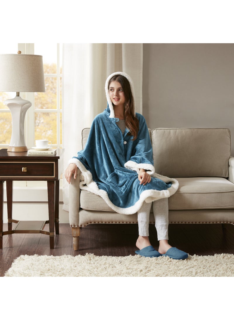 Comfort Spaces Comfort Spaces Angel Wrap Hooded Wearable Blanket Throw  Ultra Soft Giftable Plush To Sherpa Poncho Blanket Wrap With Pockets  Cozy and Warm Shawl Gift for Her  58""x72""  Teal  - Image 1