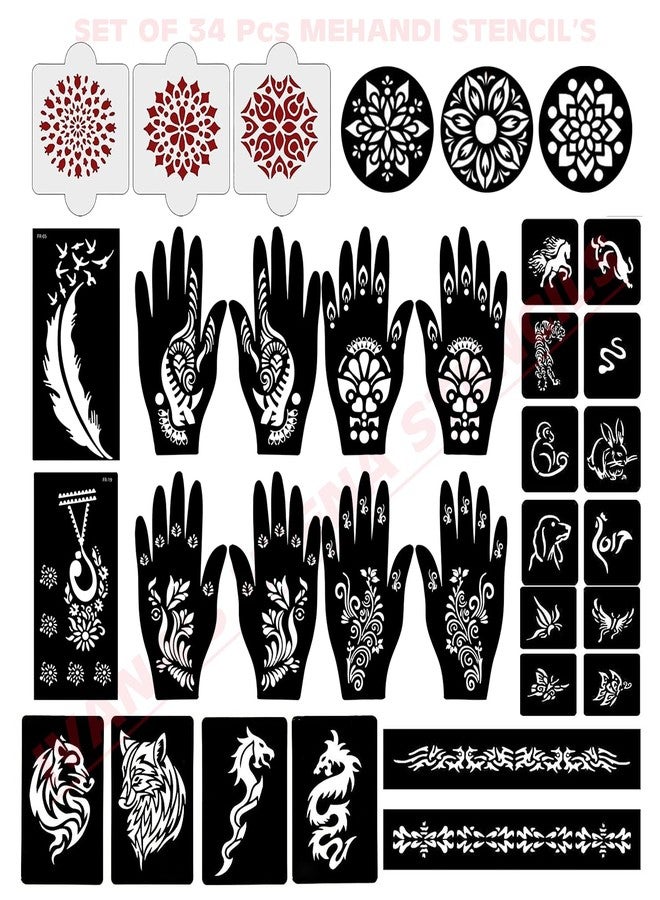 إيفاناز مجموعة إيفانا المكونة من 34 قطعة من قوالب الحناء القابلة لإعادة الاستخدام لليدين والمعصم والجسم والظهر والرقبة والوجه، عبوة كومبو من القوالب للنساء والفتيات والأطفال، سهلة الاستخدام في 4 خطوات فقط، مجموعة تصميم هندي، A2127 - Image 1