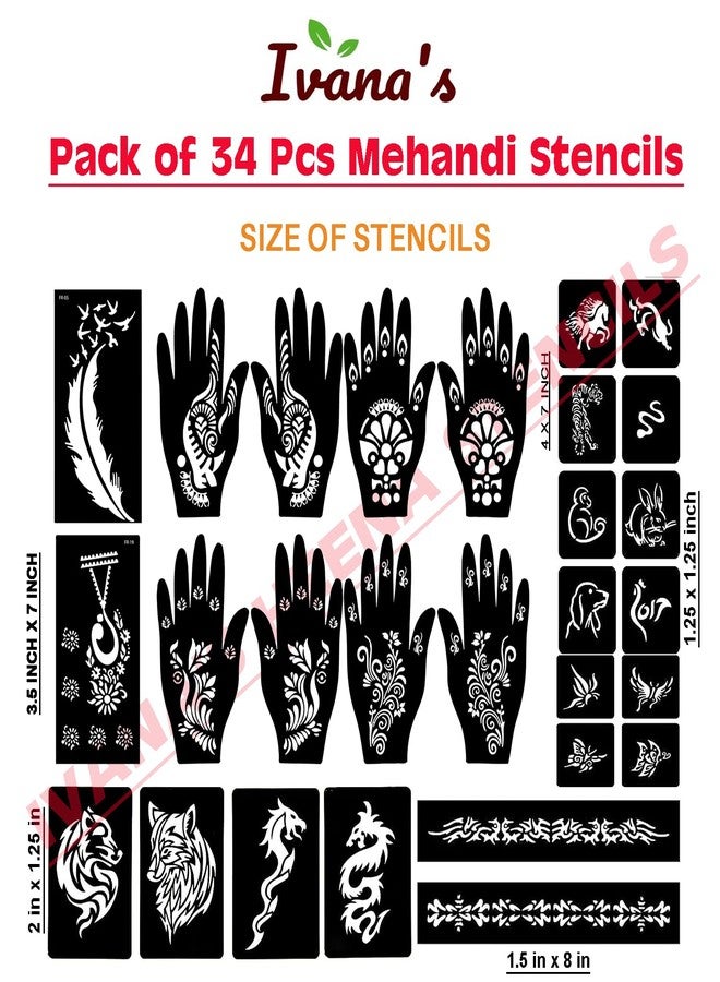 إيفاناز مجموعة إيفانا المكونة من 34 قطعة من قوالب الحناء القابلة لإعادة الاستخدام لليدين والمعصم والجسم والظهر والرقبة والوجه، عبوة كومبو من القوالب للنساء والفتيات والأطفال، سهلة الاستخدام في 4 خطوات فقط، مجموعة تصميم هندي، A2127 - Image 4