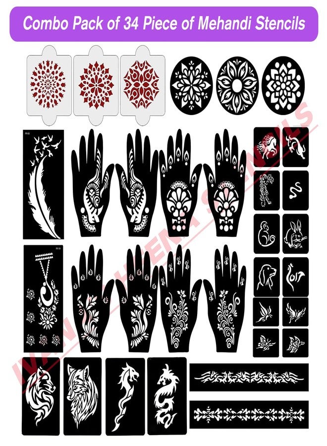 إيفاناز مجموعة إيفانا المكونة من 34 قطعة من قوالب الحناء القابلة لإعادة الاستخدام لليدين والمعصم والجسم والظهر والرقبة والوجه، عبوة كومبو من القوالب للنساء والفتيات والأطفال، سهلة الاستخدام في 4 خطوات فقط، مجموعة تصميم هندي، A2127 - Image 2