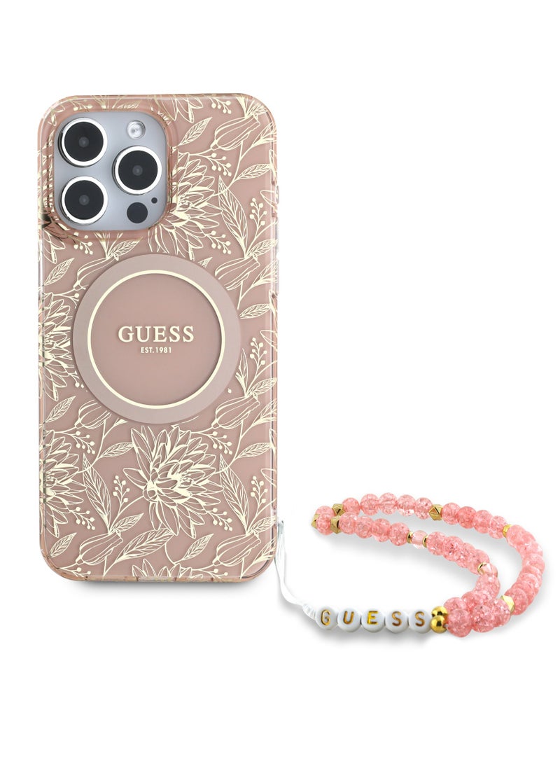 GUESS iPhone 16 Pro Magsafe Case IML Leaves Pattern Electroplated With Pearl Wrist Strap Case / Shock Absorption / Precise Cutouts / Slim and Lightweight Back Cover - Pink