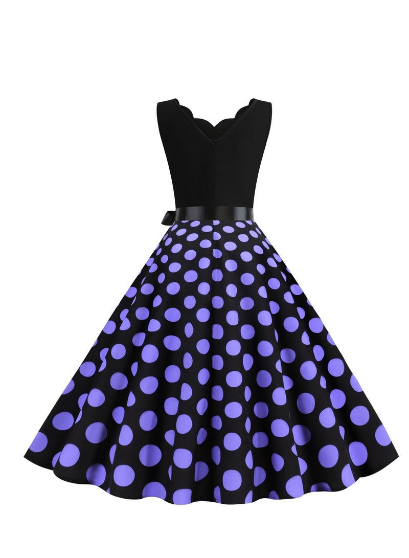 Loquat V-neck Sleeveless Polka Dot Lace Up Waist Retro Large Swing Dress Black/Purple  - Image 3