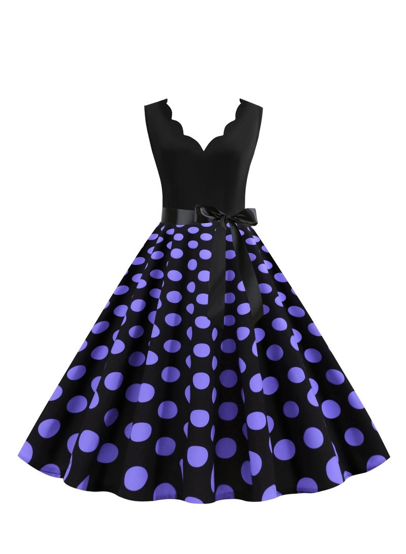 Loquat V-neck Sleeveless Polka Dot Lace Up Waist Retro Large Swing Dress Black/Purple  - Image 1