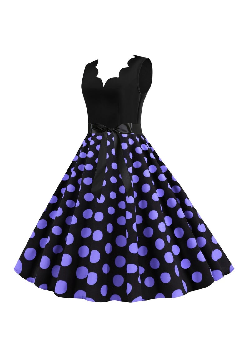 Loquat V-neck Sleeveless Polka Dot Lace Up Waist Retro Large Swing Dress Black/Purple  - Image 2