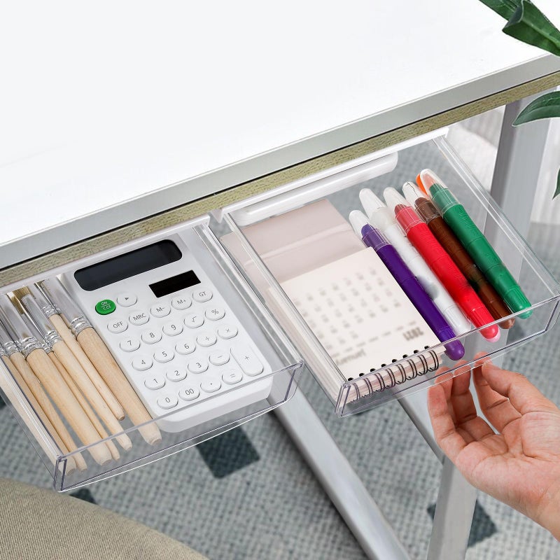 SOUJOY 3 Pack Under Desk Drawer, Self-Adhesive Slide Out Organizer Tray, Plastic Stick On Table Hidden Attachable Drawer Tray for Office Home School Kitchen - Image 5