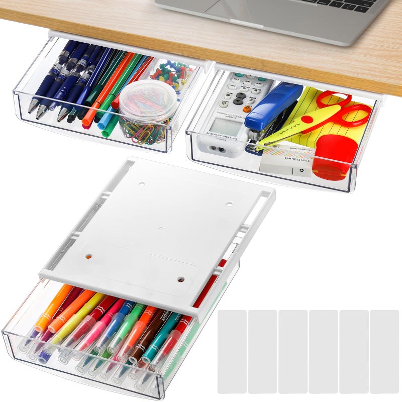 SOUJOY 3 Pack Under Desk Drawer, Self-Adhesive Slide Out Organizer Tray, Plastic Stick On Table Hidden Attachable Drawer Tray for Office Home School Kitchen - Image 1