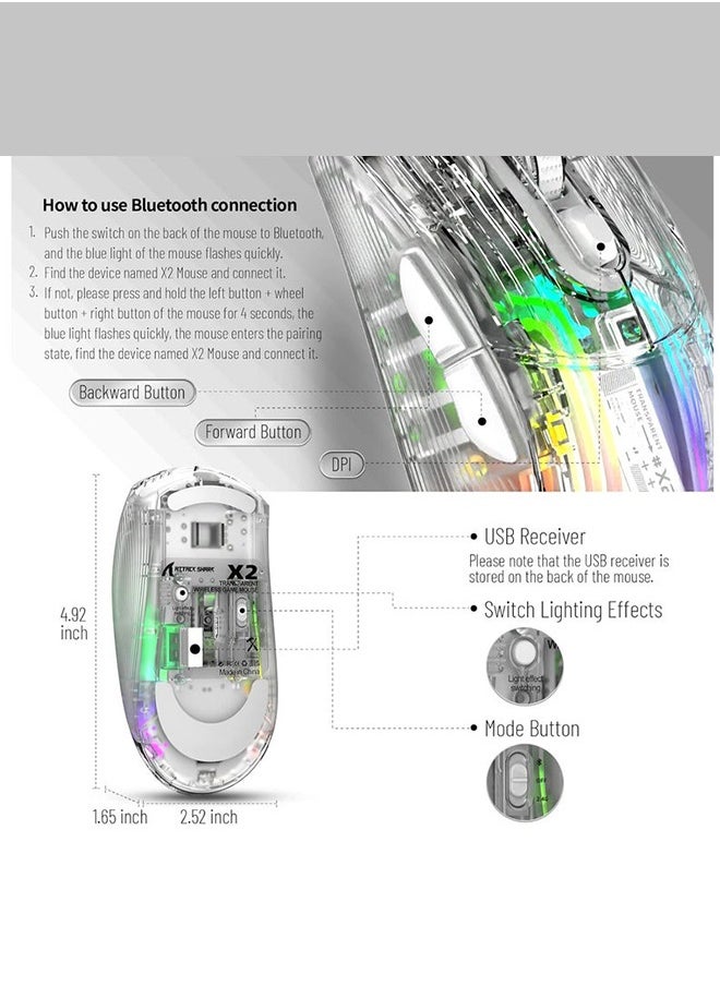 Attack Shark X2 Wireless Gaming Mouse, Tri-Mode Wireless Mouse-2.4Ghz/Bluetooth 5.0/USB C Wired, Ergonomic PC Gaming Mice with Transparent Shell-PixArt 3212-RGB Backlit-Silent Click for Win/MAC, White  - Image 4