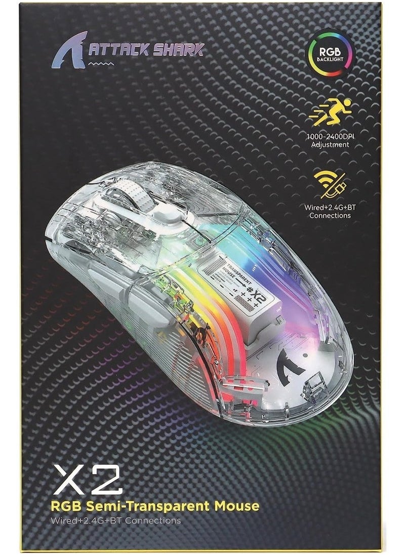 Attack Shark - X2 Wireless Gaming Mouse, Tri-Mode Wireless Mouse-2.4Ghz/Bluetooth 5.0/USB C Wired, Ergonomic PC Gaming Mice with Transparent Shell-PixArt 3212-RGB Backlit-Silent Click for Win/MAC, White - Image 1