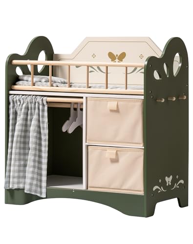 ROBOTIME Baby Doll Crib Wooden Doll Bed Toy Baby Crib with Storage Bedding and Wooden Hooks Doll Crib Fits Dolls up to 22 Doll Furniture for American Girls Ages 3 Green - Image 1