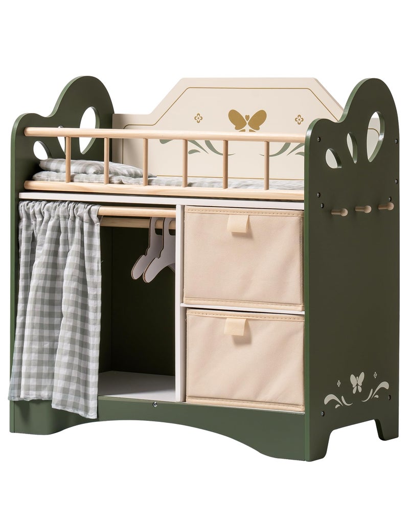 ROBOTIME Baby Doll Crib Wooden Doll Bed Toy Baby Crib with Storage Bedding and Wooden Hooks Doll Crib Fits Dolls up to 22 Doll Furniture for American Girls Ages 3 Green - Image 2
