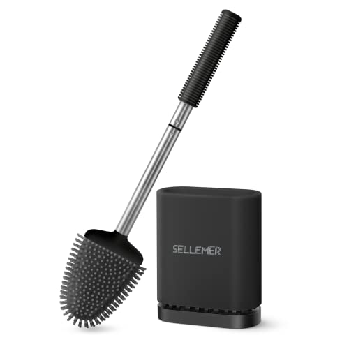 Sellemer مجموعة فرشاة وم holder مرحاض Sellemer - رأس فرشاة مرحاض مرن مع شعيرات سيليكون، حجم مدمج للتخزين والتنظيم، قاعدة مع فتحات تهوية (1 عبوة، أسود) - Image 1