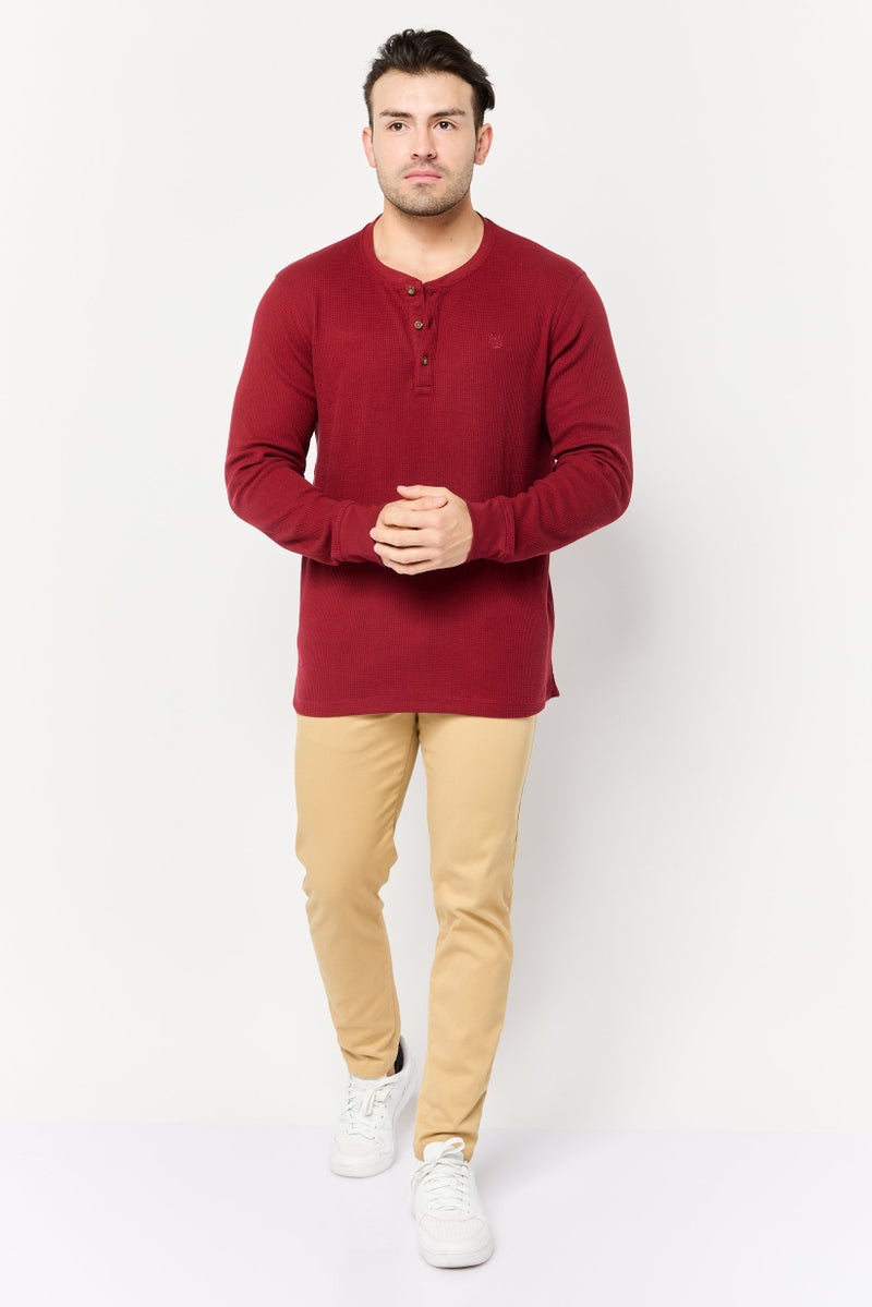 Chaps Men Henley Neck Long Sleeve Embroidered Logo T-Shirt, Maroon - Image 4