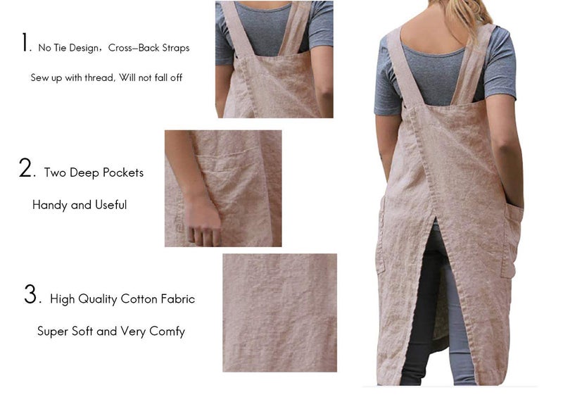 Larmliss Women 's Pinafore Square Apron Baking Cooking Gardening Works Cross Back Cotton/Linen Blend Dress with 2 Pockets Pink-2XL - Image 3