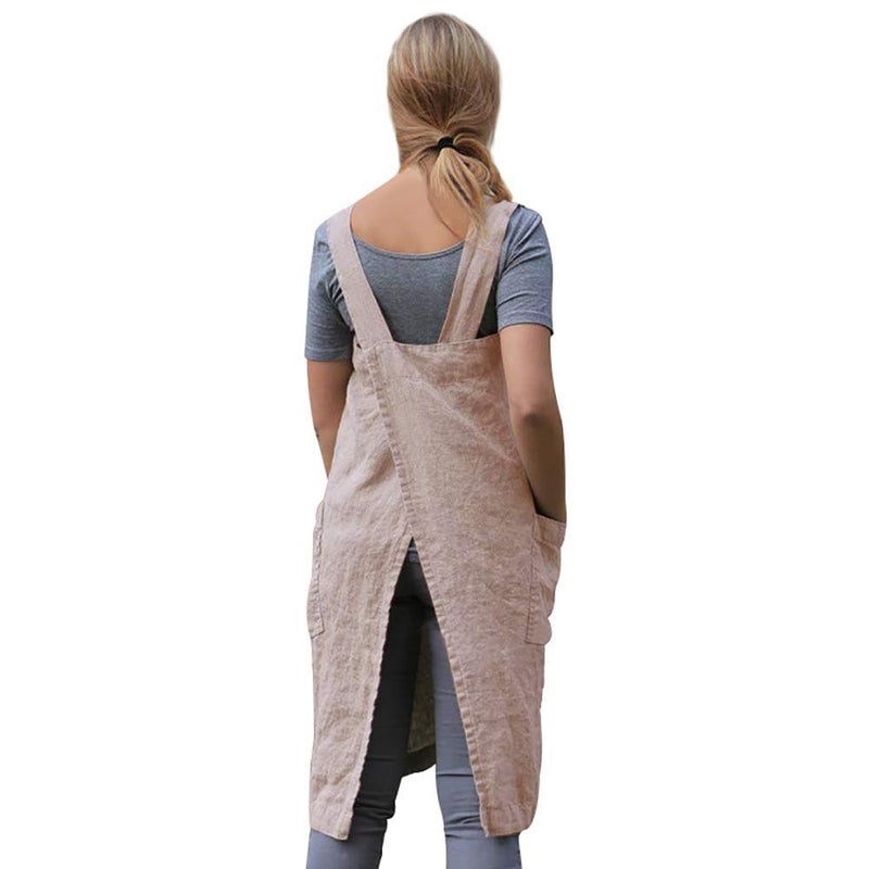 Larmliss Women 's Pinafore Square Apron Baking Cooking Gardening Works Cross Back Cotton/Linen Blend Dress with 2 Pockets Pink-2XL - Image 4
