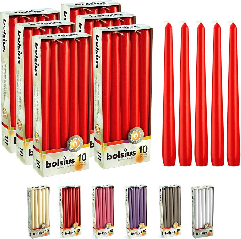 BOLSIUS 60 Count Unscented 10 Inch Red Household Taper Candles - 8 Hours Burn Time - Premium European Quality - Smokeless Dripless Taper Candlestick - Great for Special Occasion, Church, and Everyday - Image 1