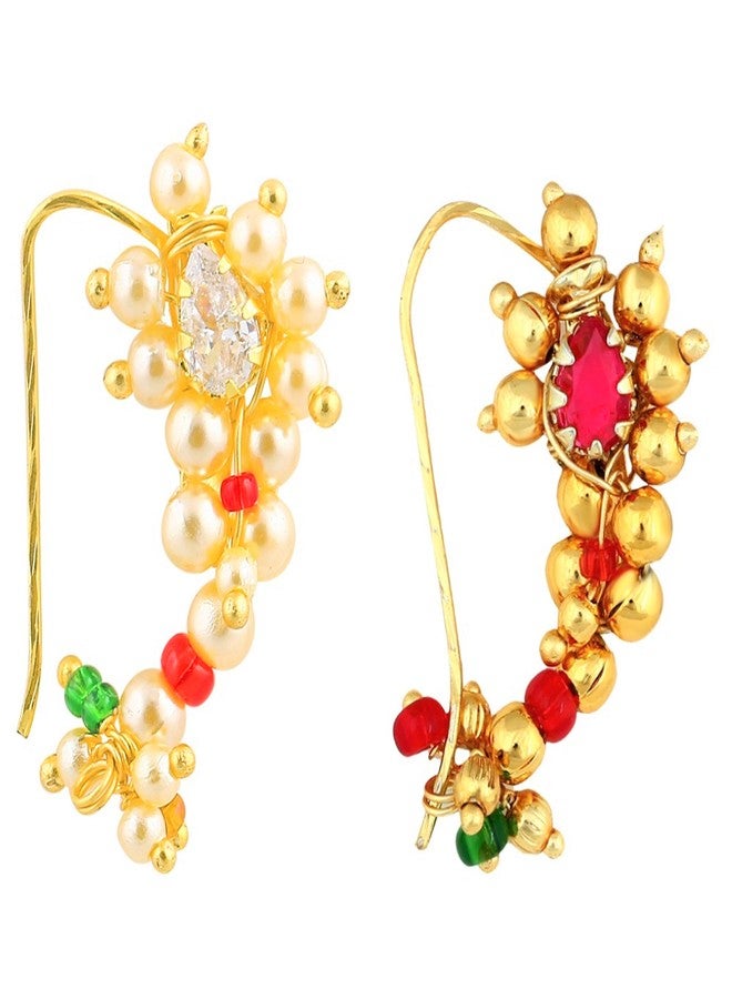MEENAZ Traditional Pearl Jewellery Combo Gold pierced Maharashtrian marathi Nose pin Nath Nose Ring for Wedding Women Girls design (2 pcs) -NATH COMBO-124