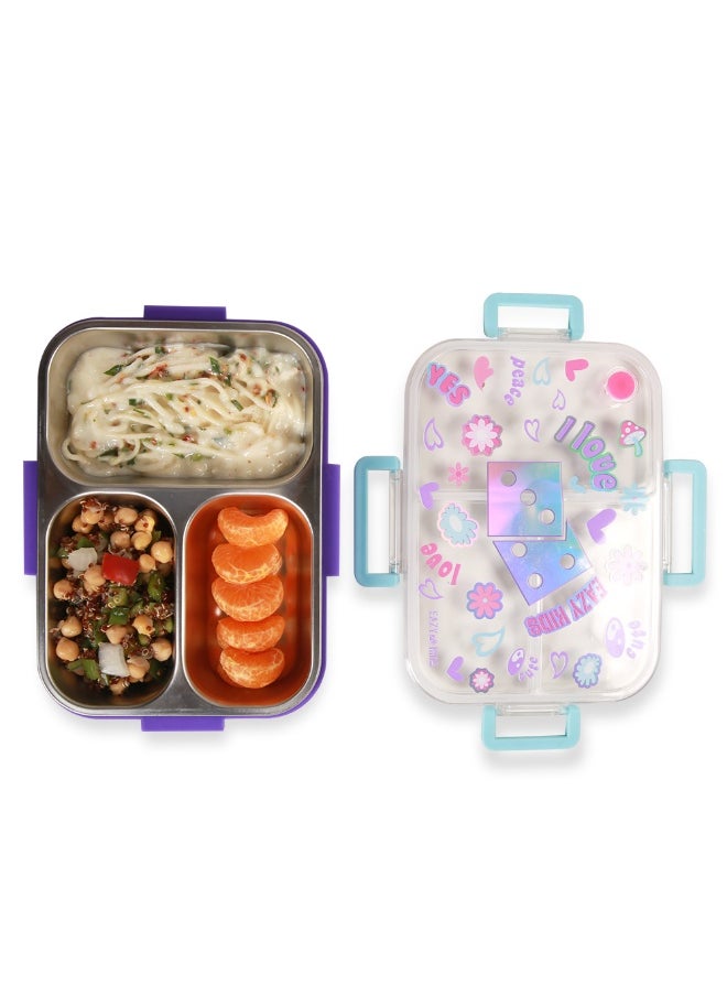 Eazy Kids Eazy Kids 3 Compartment Stainless Steel bento Lunch Box, 800ml - Floral Purple  - Image 3