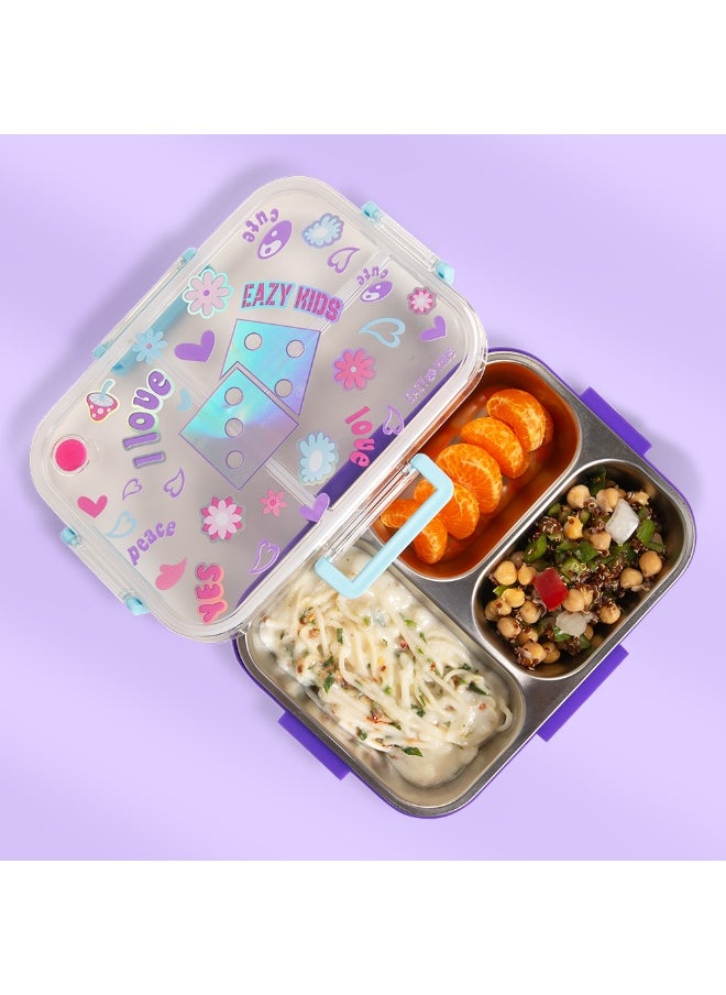 Eazy Kids Eazy Kids 3 Compartment Stainless Steel bento Lunch Box, 800ml - Floral Purple  - Image 5