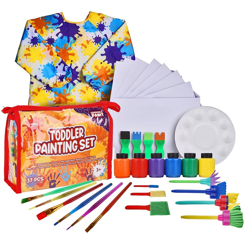 J MARK 38Piece Toddler Paint Set Includes Washable Tempera Paint Art Smock Painting Paper Brushes Tools