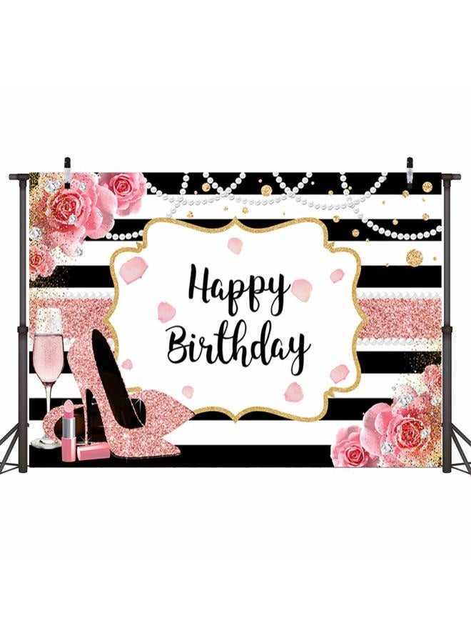 Sensfun 7x5ft Pink Floral Happy Birthday Backdrop for Women Glitter Rose Gold High Heel Champagne Photography Background Black White Stripes Decoration for Girl Sweet Birthday Party Banner Photo Booth - Image 2