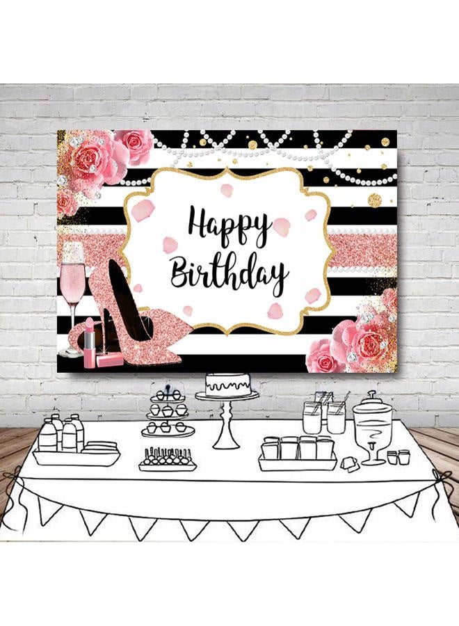 Sensfun 7x5ft Pink Floral Happy Birthday Backdrop for Women Glitter Rose Gold High Heel Champagne Photography Background Black White Stripes Decoration for Girl Sweet Birthday Party Banner Photo Booth - Image 3