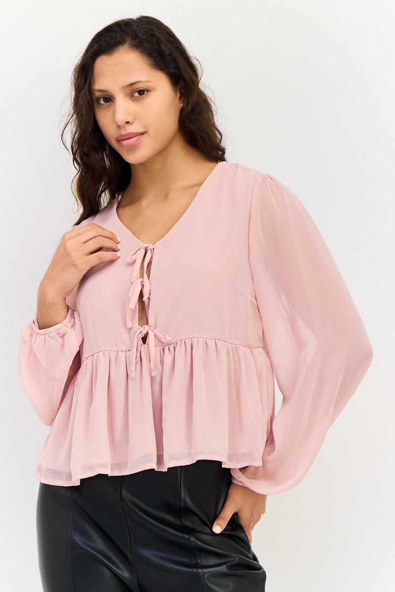 Threadbare Women Tie Neck Long Sleeves Plain Peplum  Top, Blush - Image 1