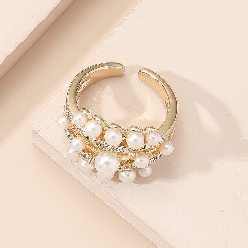 Cicod Vintage Pearl Ring Stacking Pearl Cluster Rings Adjustable Open Full Finger Ring Trendy Personality Pearls Statement Prom Jewelry for Women - Image 4
