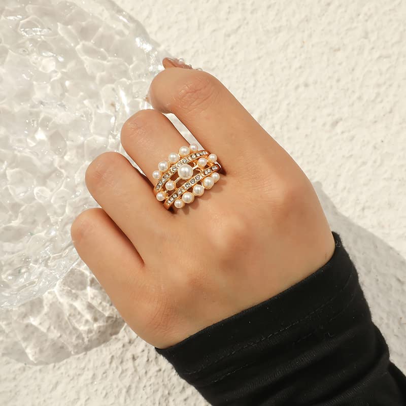 Cicod Vintage Pearl Ring Stacking Pearl Cluster Rings Adjustable Open Full Finger Ring Trendy Personality Pearls Statement Prom Jewelry for Women - Image 2