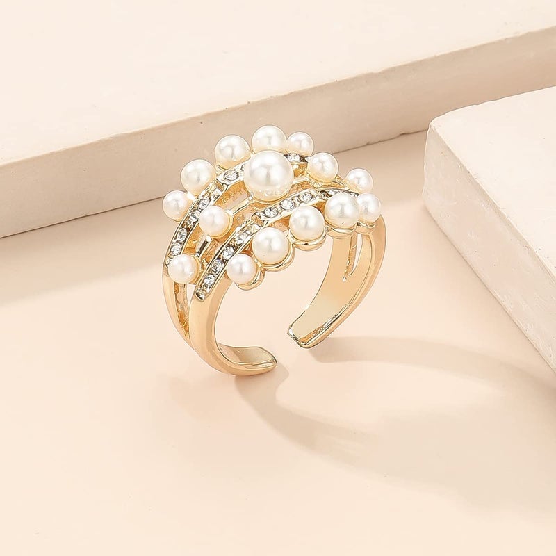 Cicod Vintage Pearl Ring Stacking Pearl Cluster Rings Adjustable Open Full Finger Ring Trendy Personality Pearls Statement Prom Jewelry for Women - Image 3