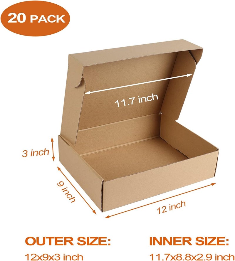 PHAREGE 12x9x3 inch Shipping Boxes 20 Pack, Brown Corrugated Cardboard Mailer Boxes, Medium Mailing Boxes for Packaging Small Business - Image 2