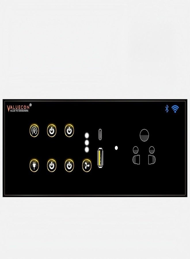 VALUECON® i380 6 modular Smart Wifi Switch Board with 4 Switch,1 Fan,1 Socket, C & A type USB charging ports | App Control, Voice-controlled by Alexa, G. Home, G. Assistant-G. Black - Image 1