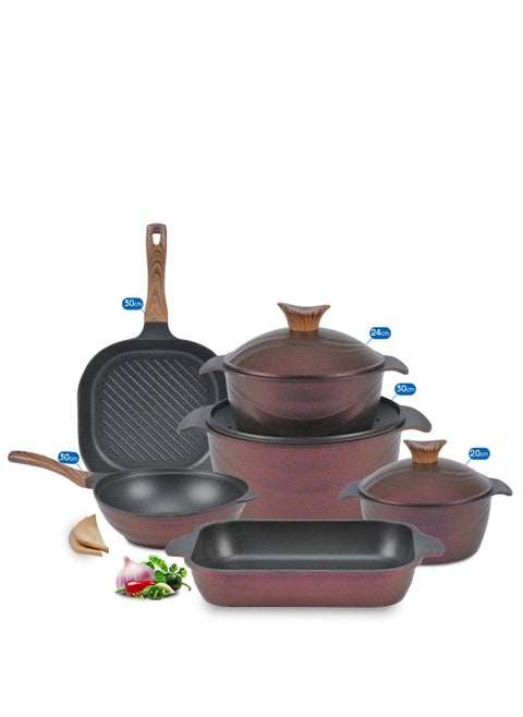 9-Piece Non-Stick Granite Square Cookware Set,3 pots (20-24-30) + wok 30 + casserole 36 + grill 30 Royal