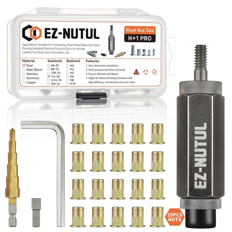 EZ-NUTUL مجموعة أدوات تركيب صمولة ريفيت رأس مسطح ريفنوت مجموعة صمولة مدخلة ملولبة SAE وميترية للمعادن الثقيلة مطلية بالزنك (1/4-20 (أداة صمولة ريفيت - 25 قطعة)) - Image 1