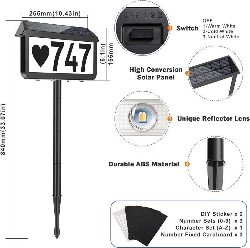Brightever Solar Address Signs, House Number for Outside Waterproof, 3-Color LED Illuminated Address Plaques with Stake, Wall Mounted Solar Powered Light Up Address Numbers for Houses, 1-Pack - Image 2