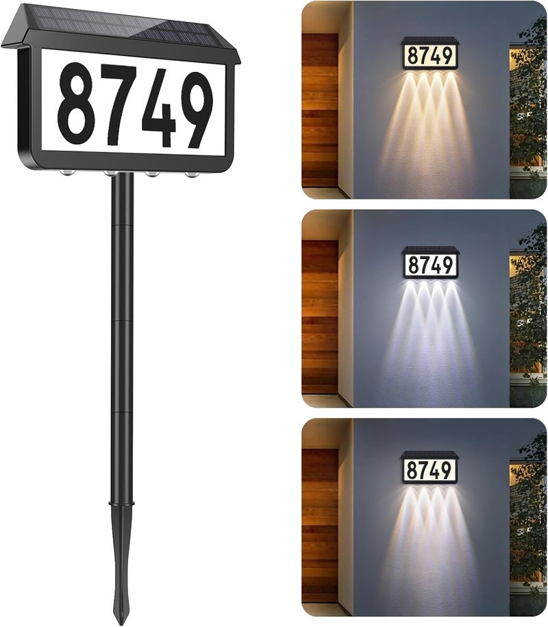 Brightever Solar Address Signs, House Number for Outside Waterproof, 3-Color LED Illuminated Address Plaques with Stake, Wall Mounted Solar Powered Light Up Address Numbers for Houses, 1-Pack - Image 1