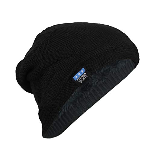 iSWEVEN Mens Womens Hat Beanie Cap, Unisex Winter Warm Knitted Hats, Fleece Lining Slouch Skull Beanies Caps for Men Women (4085A, Black) - Image 1