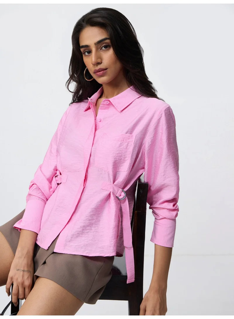 The Souled Store  The Souled Store Buckle Shirt: Women and Girls Full Sleeves Spread Collar Light Pink Solid Viscose Nylon Blend Relaxed Fit Crinkled Texture Adjustable Side Buckles Casual Winter Shirt  | Best Price UAE