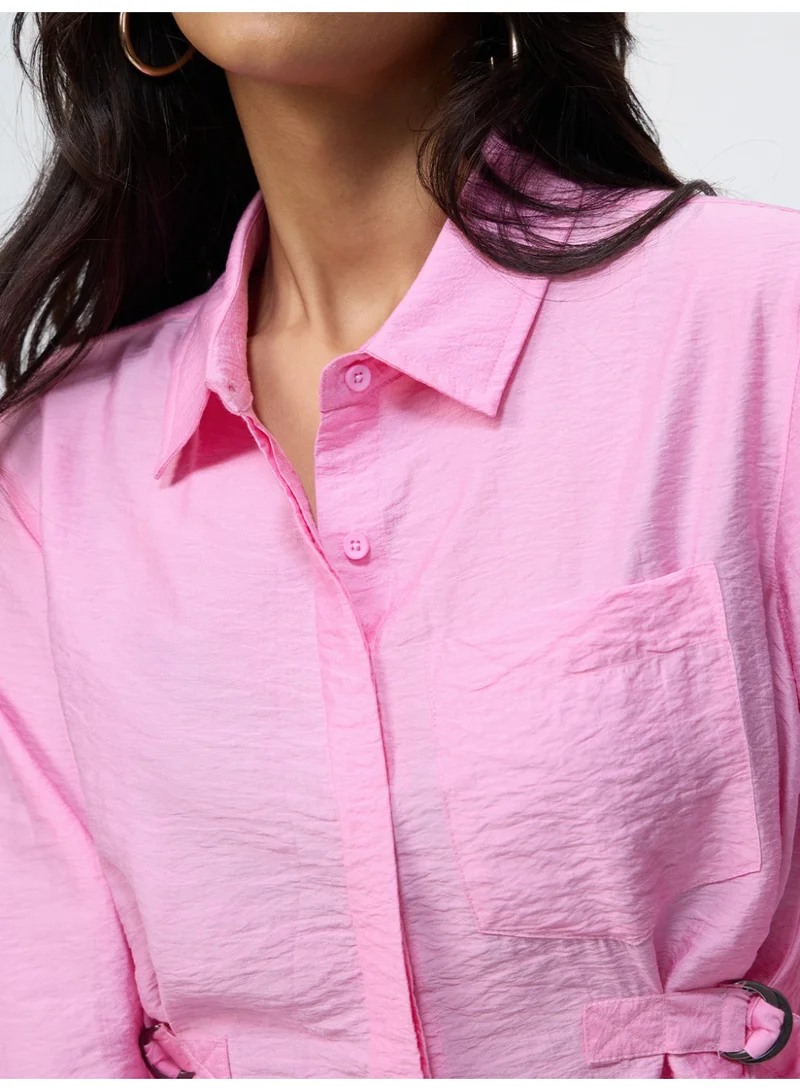 The Souled Store  The Souled Store Buckle Shirt: Women and Girls Full Sleeves Spread Collar Light Pink Solid Viscose Nylon Blend Relaxed Fit Crinkled Texture Adjustable Side Buckles Casual Winter Shirt  | Best Price UAE