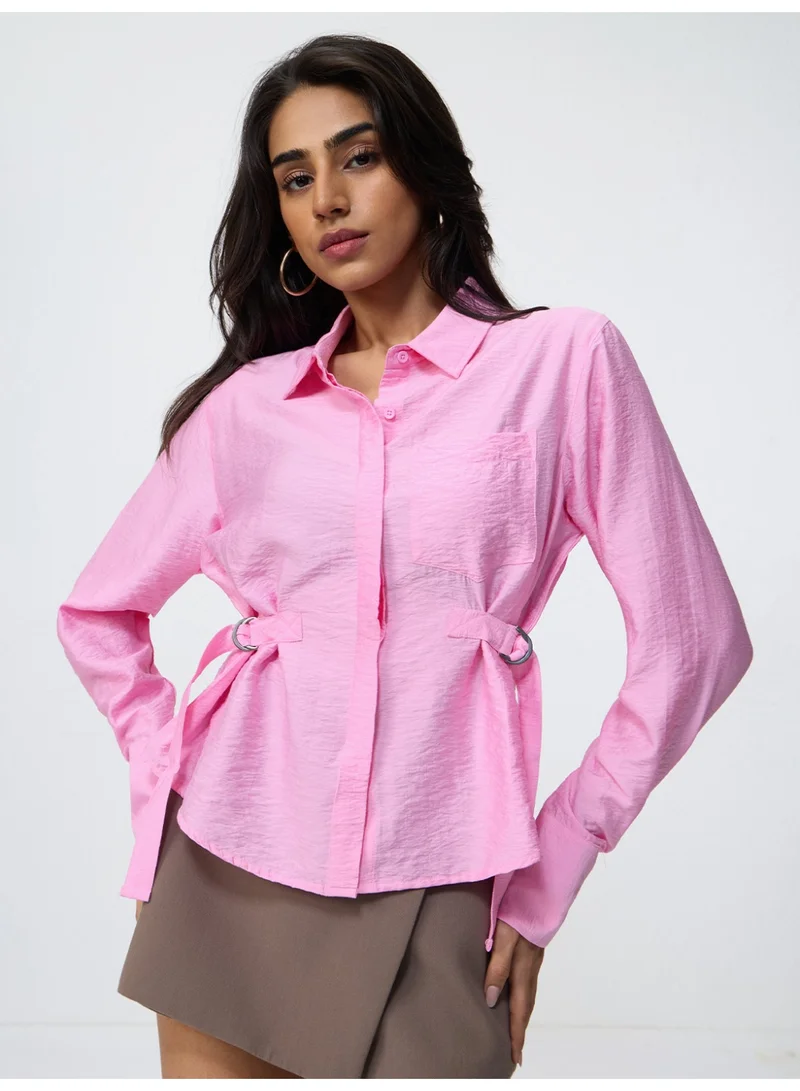 ذا سوليد ستور The Souled Store Buckle Shirt: Women and Girls Full Sleeves Spread Collar Light Pink Solid Viscose Nylon Blend Relaxed Fit Crinkled Texture Adjustable Side Buckles Casual Winter Shirt