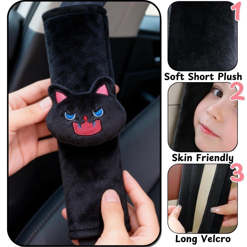 Zigihos 2 PCS Seat Belt Cover Pad, Cute Kawaii Animal Cat Seatbelt Covers for Kids, Soft Seatbelt Cushion, Car Seat Strap Pads (Black) - Image 3
