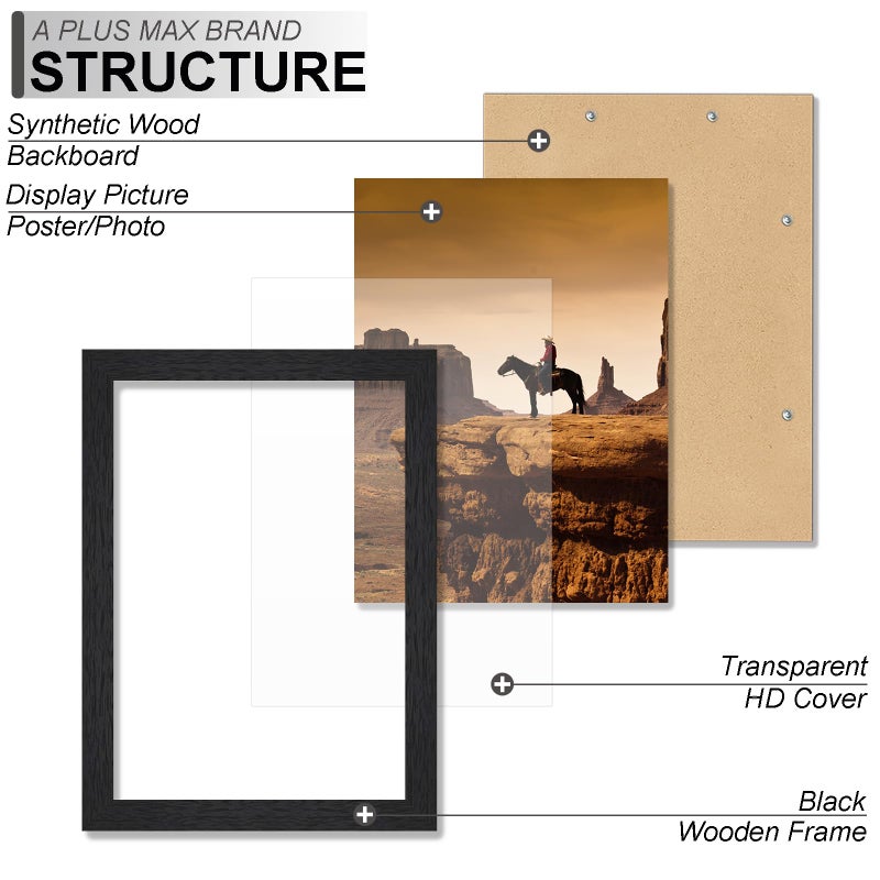 A PLUS MAX 4x6 Picture Frame Set of 2, Black Engineered Wood Frame for 4 x 6 Inch Picture Poster Photo, Light Weight 4 by 6 Frame with Wood-grain for Wall - 2 Pack/Black/4"x6" - Image 3