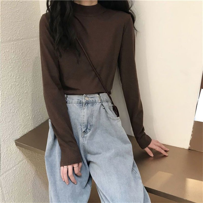Super Popular Long-Sleeved T-Shirt For Women In Style With Pure Color Ins Bottoming Shirt Korean Style German Velvet Slim Fit Versatile Top Trbottomy - Image 1