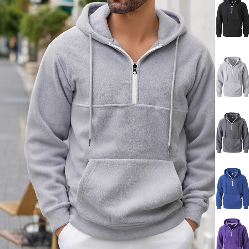 Men's Solid Color Fleece Hoodie with Half Zipper - Image 1