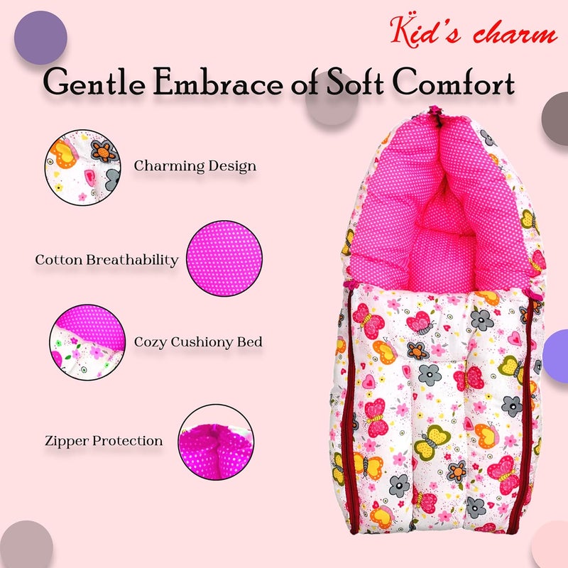 Kid's Charm Kids Charm Butterfly Mega 3 in 1 Babys Cotton Bed Cum Carry Bed Printed Baby Sleeping BagBaby BedInfant Portable for Unisex Easily Portable Light Weight Carry for New Born 48 Months Old Pink - Image 5