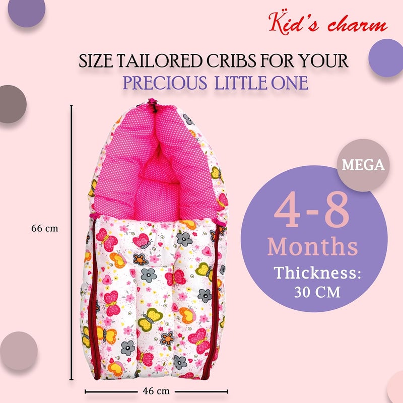 Kid's Charm Kids Charm Butterfly Mega 3 in 1 Babys Cotton Bed Cum Carry Bed Printed Baby Sleeping BagBaby BedInfant Portable for Unisex Easily Portable Light Weight Carry for New Born 48 Months Old Pink - Image 2