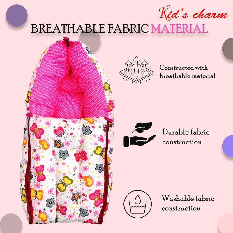 Kid's Charm Kids Charm Butterfly Mega 3 in 1 Babys Cotton Bed Cum Carry Bed Printed Baby Sleeping BagBaby BedInfant Portable for Unisex Easily Portable Light Weight Carry for New Born 48 Months Old Pink - Image 4