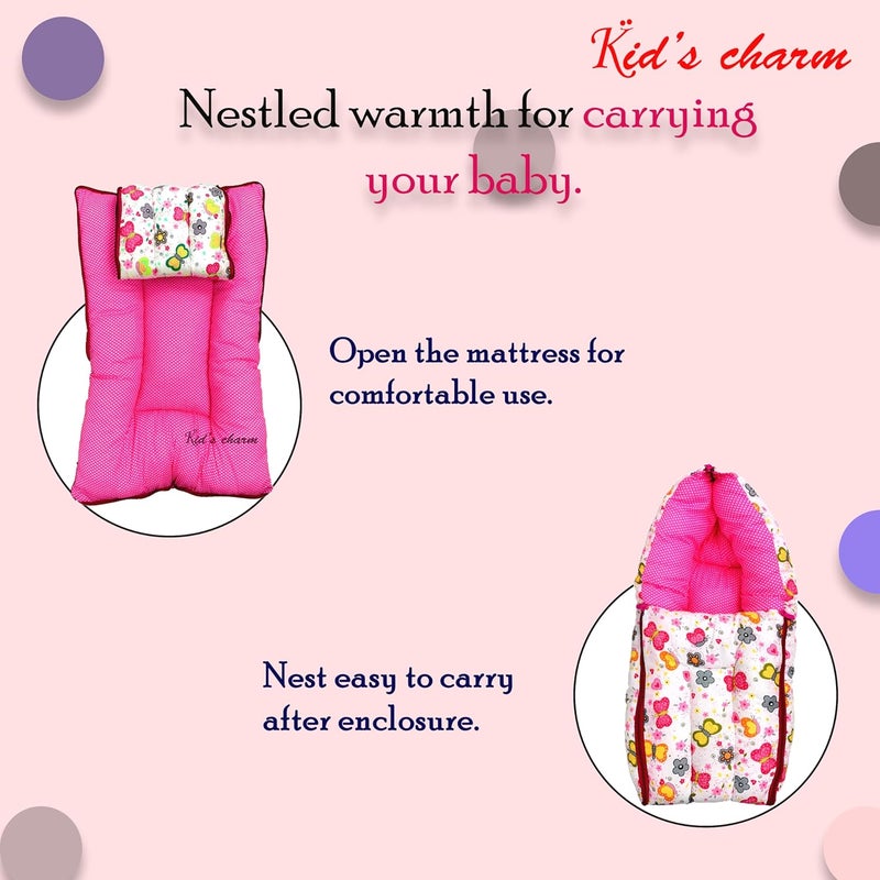 Kid's Charm Kids Charm Butterfly Mega 3 in 1 Babys Cotton Bed Cum Carry Bed Printed Baby Sleeping BagBaby BedInfant Portable for Unisex Easily Portable Light Weight Carry for New Born 48 Months Old Pink - Image 3