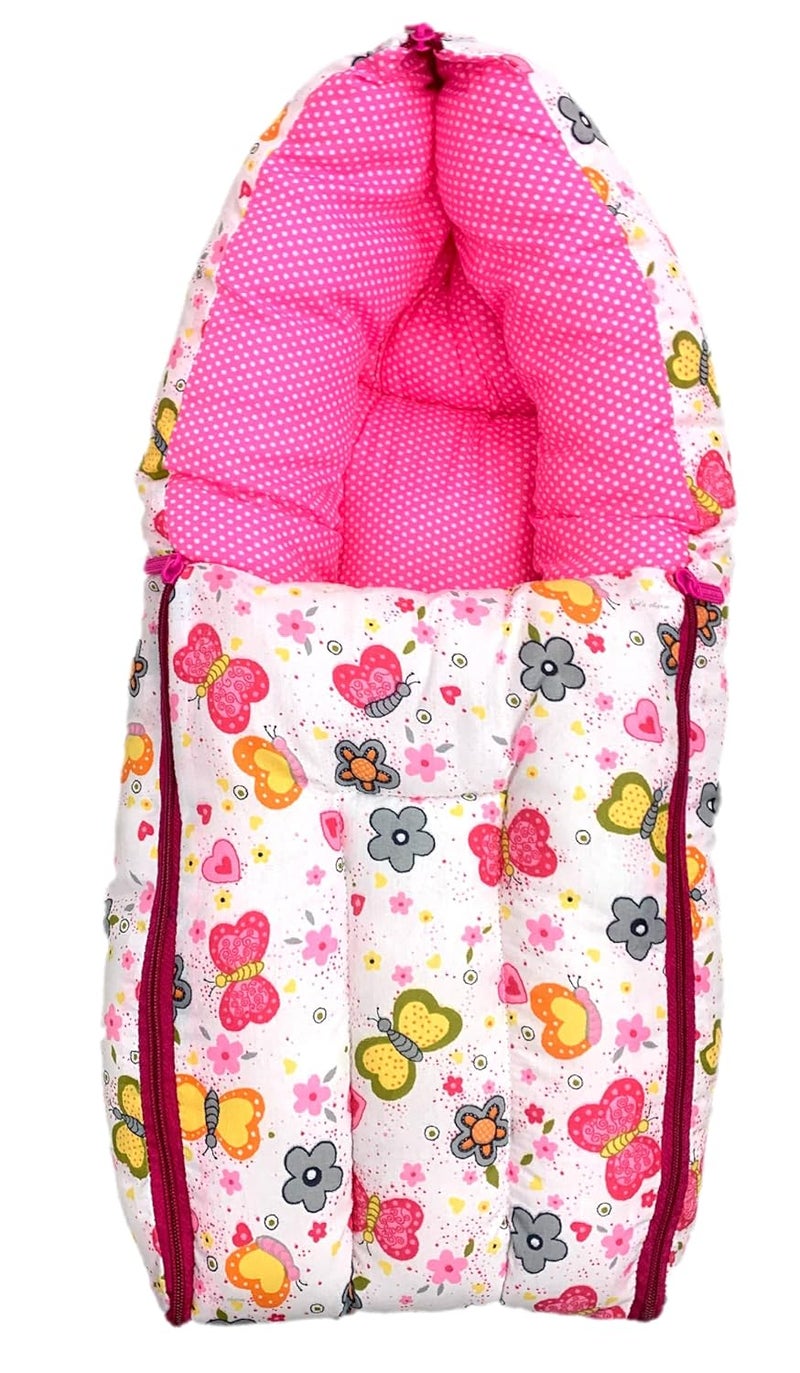 Kid's Charm Kids Charm Butterfly Mega 3 in 1 Babys Cotton Bed Cum Carry Bed Printed Baby Sleeping BagBaby BedInfant Portable for Unisex Easily Portable Light Weight Carry for New Born 48 Months Old Pink - Image 1